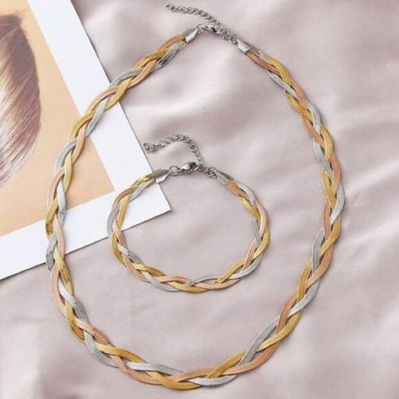 18K Gold Plated and Silver Braided Herringbone Necklace & Bracelet - Picture 1 of 11
